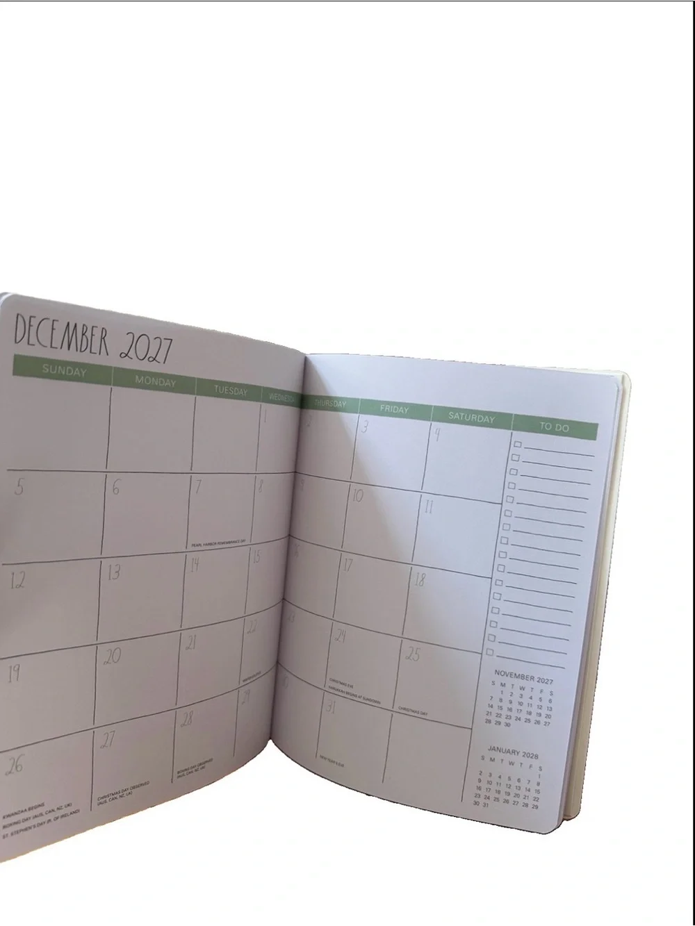 Rae Dunn 2027 PLANNER Soft Cover Spiral 17 months Planner  Ivory 9x7” Blue strip